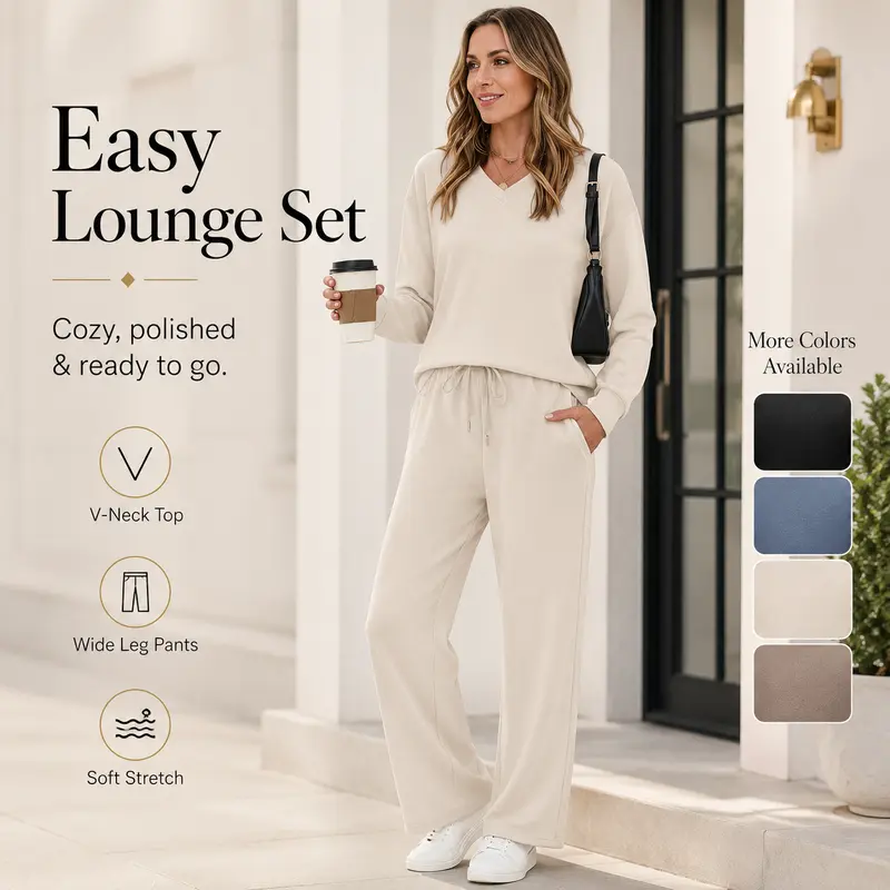 Women's Casual Two-Piece Set (V-Neck Top + Wide-Leg Pants)