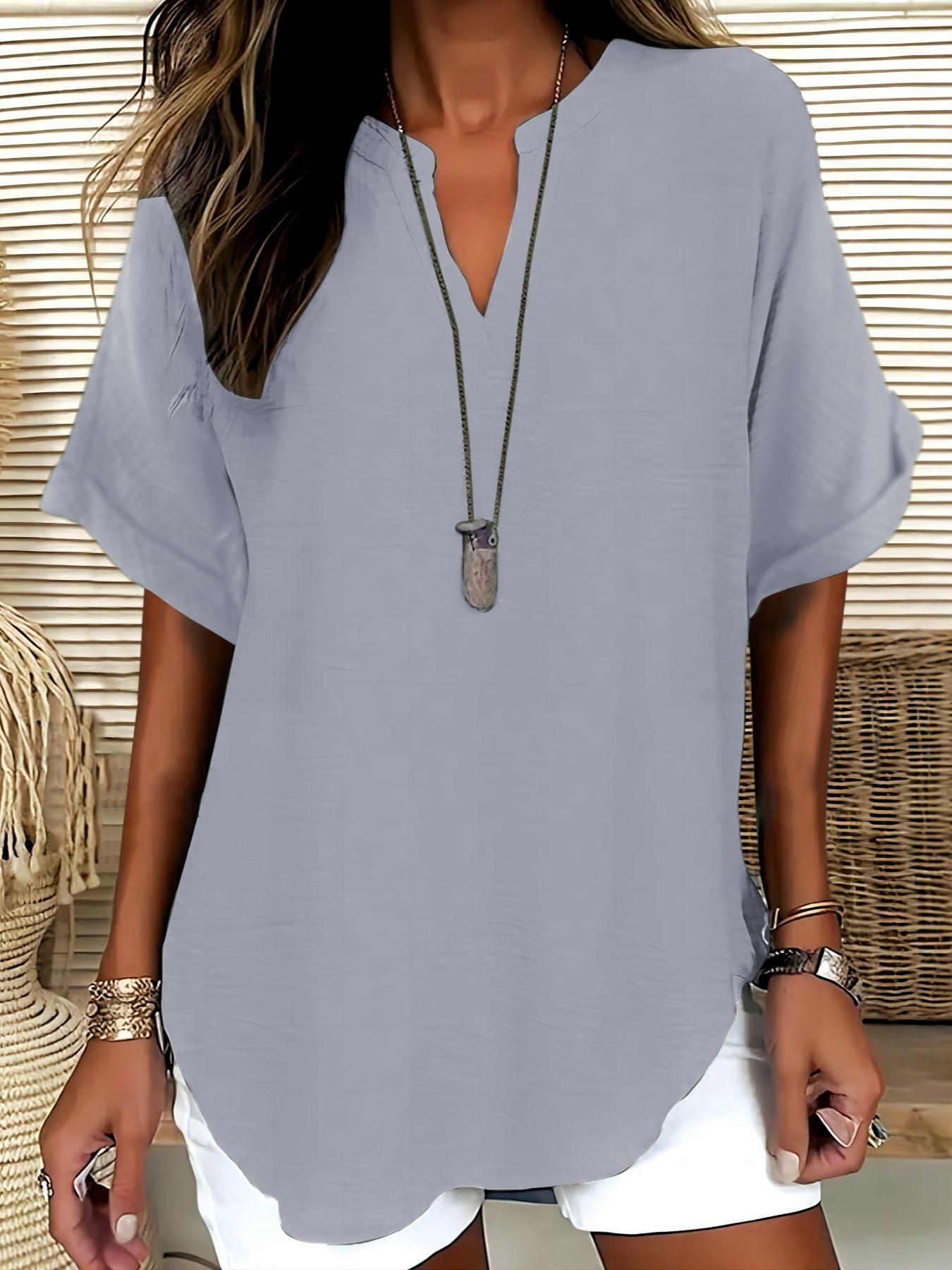 Elegant Minimalist Polyester V Neck Loose Fit Short Sleeve Blouse Shirt for Women, 100% Polyester, Regular Length, 145g/m², Casual Everyday Weekend Top Womenswear Elegant Minimalist Polyester V Neck Loose Fit Short Sleeve Blouse Shirt for Women, 100% Polyester, Regular Length, 145g/m², Casual Everyday Weekend Top Womenswear