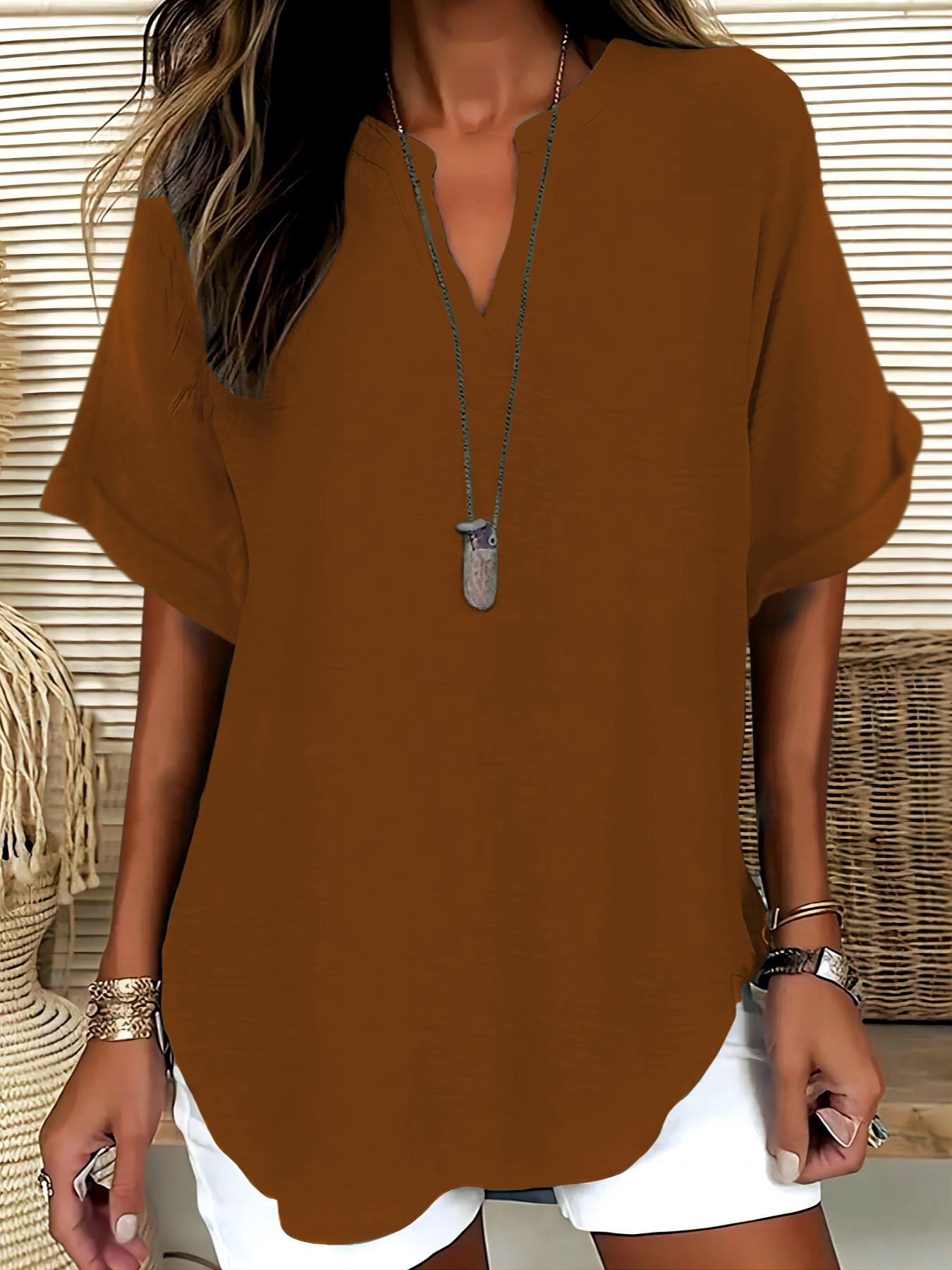 Elegant Minimalist Polyester V Neck Loose Fit Short Sleeve Blouse Shirt for Women, 100% Polyester, Regular Length, 145g/m², Casual Everyday Weekend Top Womenswear Elegant Minimalist Polyester V Neck Loose Fit Short Sleeve Blouse Shirt for Women, 100% Polyester, Regular Length, 145g/m², Casual Everyday Weekend Top Womenswear