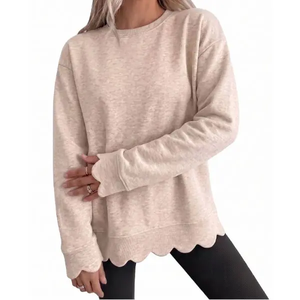 Fisoew Women's Heather Crew Neck Oversized Sweatshirt, Wavy Scallop Hem & Cuff Long Sleeve Loose Casual Fall Layering Pullover Top Fisoew Women's Heather Crew Neck Oversized Sweatshirt, Wavy Scallop Hem & Cuff Long Sleeve Loose Casual Fall Layering Pullover Top