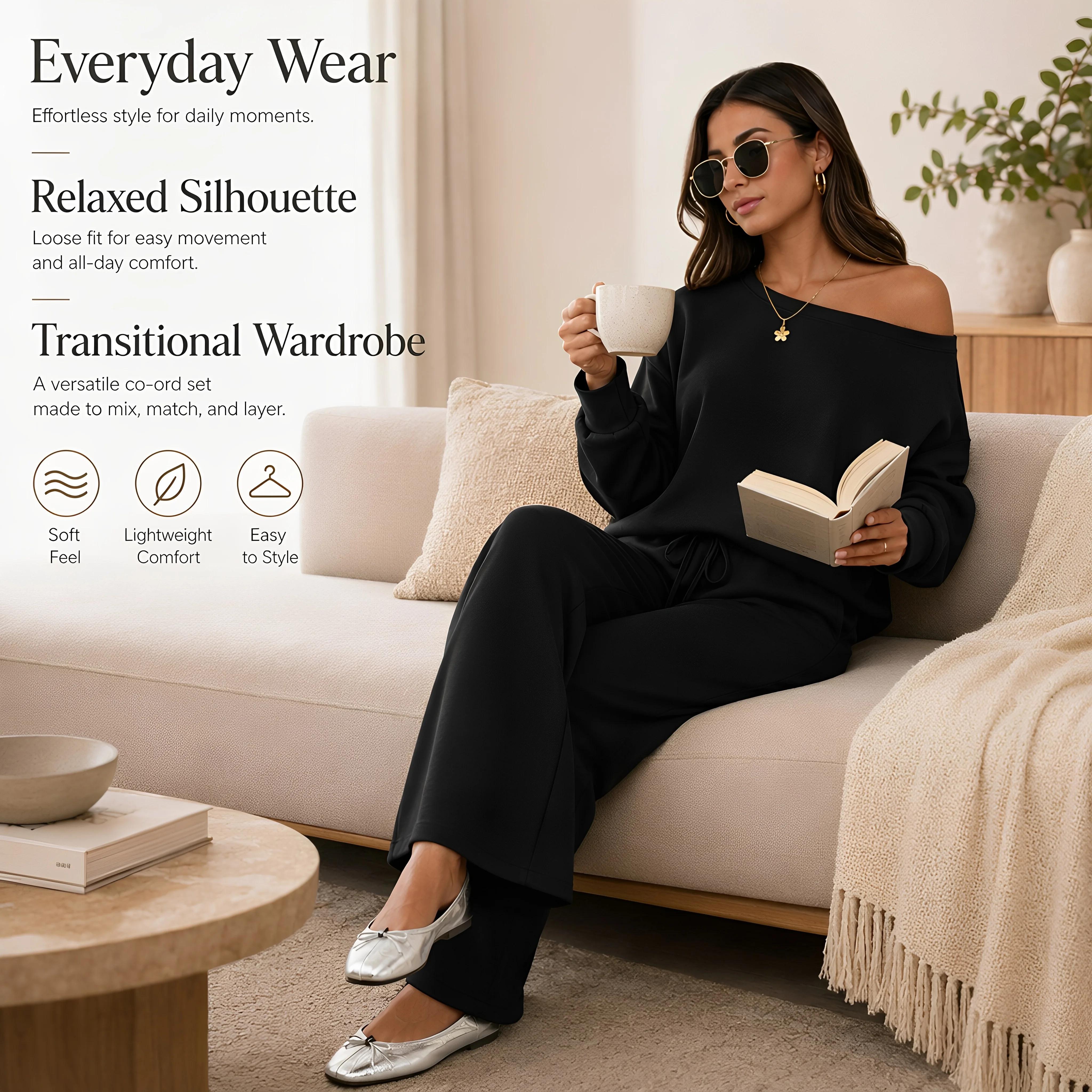 Women's 2026 Autumn Basic Loose Fit Leisure Solid Color Sloping Shoulder Long-Sleeve Full-Sleeve Scoop Neck Co-ord Set & Separates, Regular Wide Leg Trousers Casual Outfits, Longsleeves