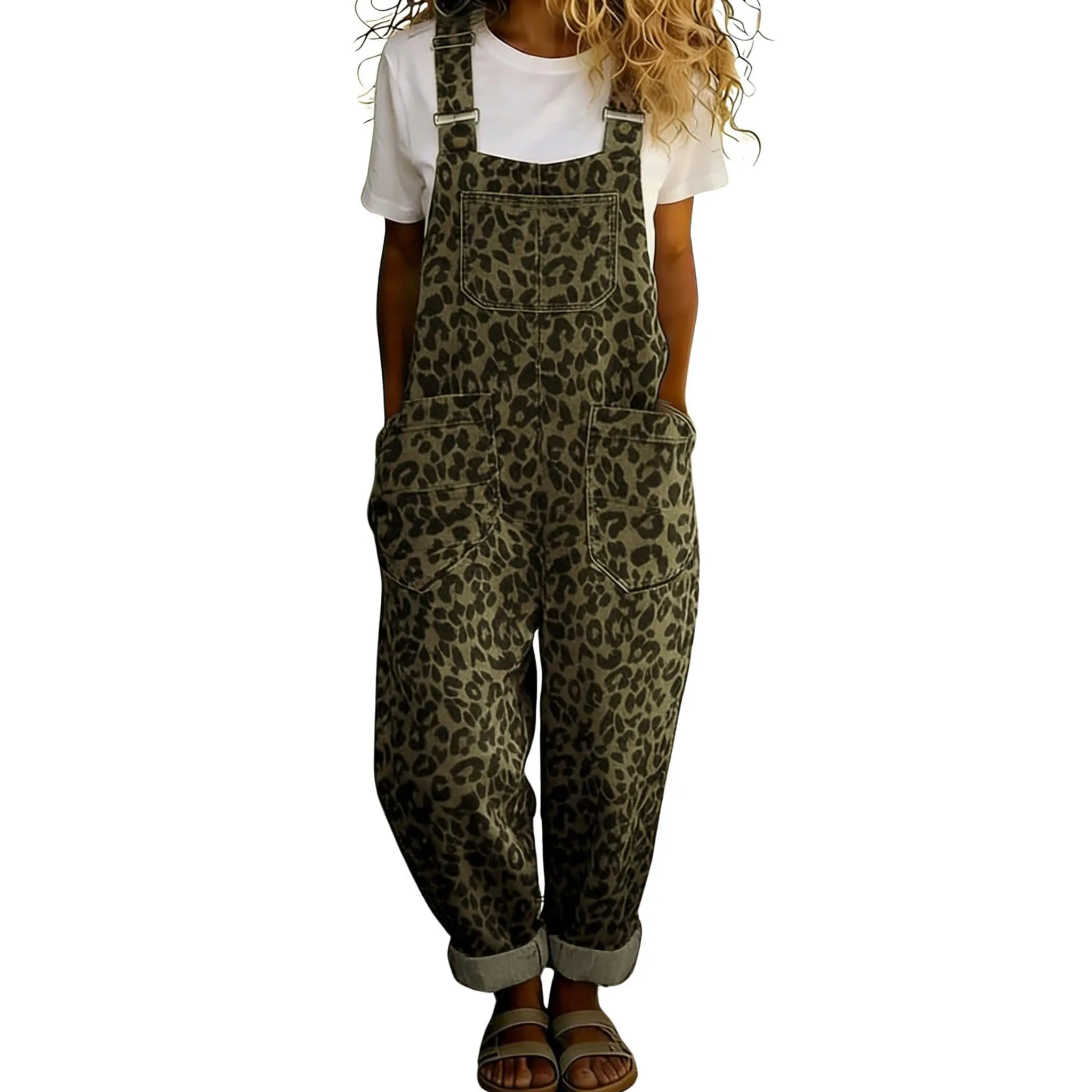 Vintage-style loose wide-leg denim overalls