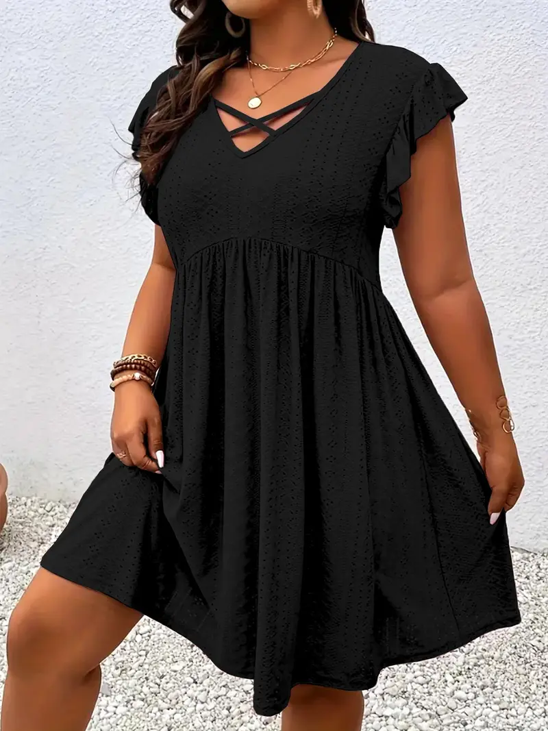 [Plus Size] Solid-Color Cut-Out V-Neck Dress