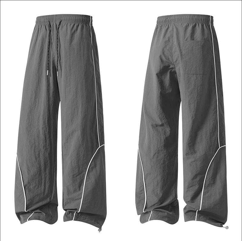 Men's Loose-Fit Wide-Leg Nylon Casual Pants - Printed Graphical Stripes, Drawstring Elastic Waist, Utility Pockets, Cool Breathable, All-Season Streetwear Clothing for Everyday Wear, Basketball, Wide-Leg Trousers