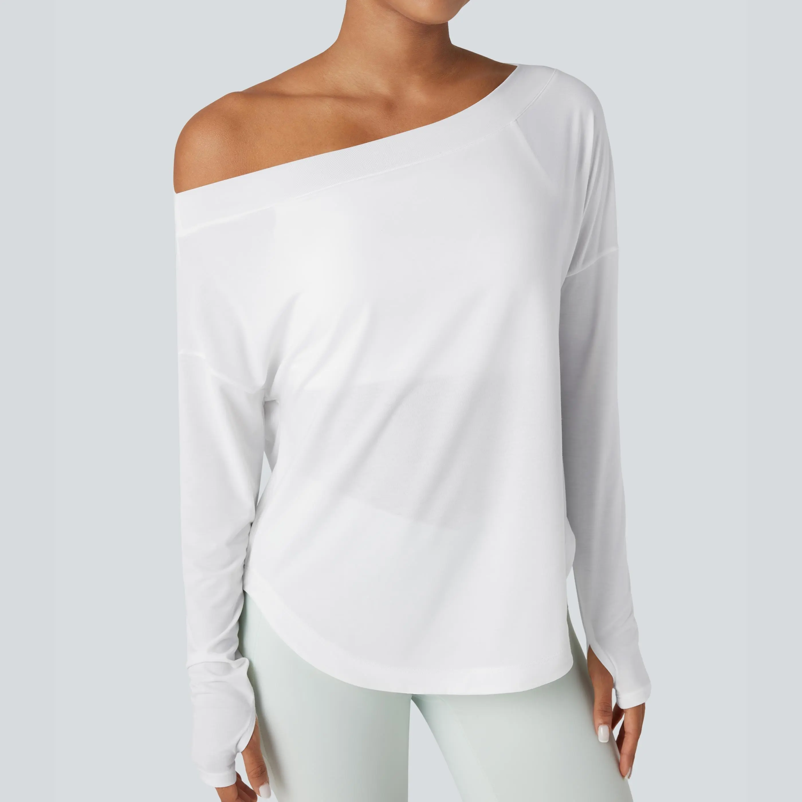 Halara One Shoulder Long Sleeve Thumb Hole Curved Hem High Low Quick Dry Yoga Sports Top-Built-in Bra Halara One Shoulder Long Sleeve Thumb Hole Curved Hem High Low Quick Dry Yoga Sports Top-Built-in Bra