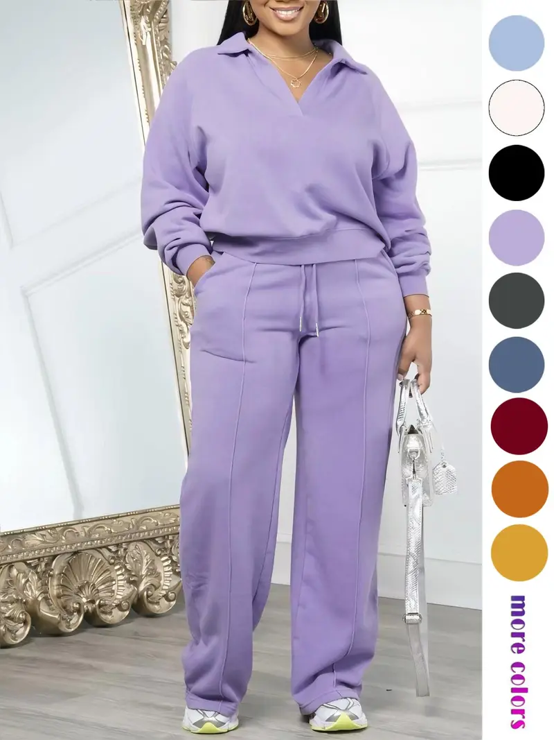 Women's Solid-Color Long-Sleeve Sweatshirt and Drawstring Elastic-Waist Pants Set