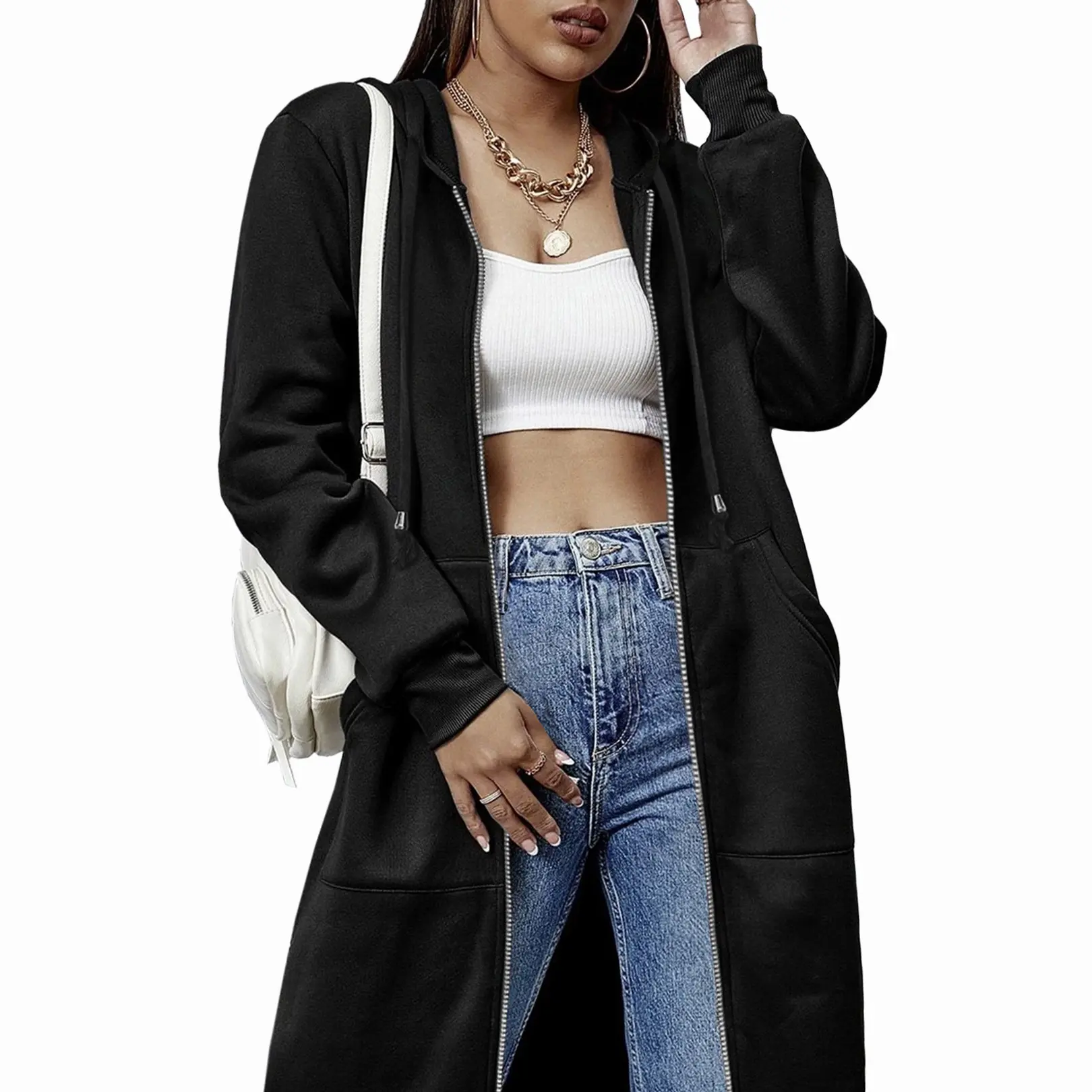 Women's Casual Long-Length Zip-Up Fleece Hoodie/Jacket