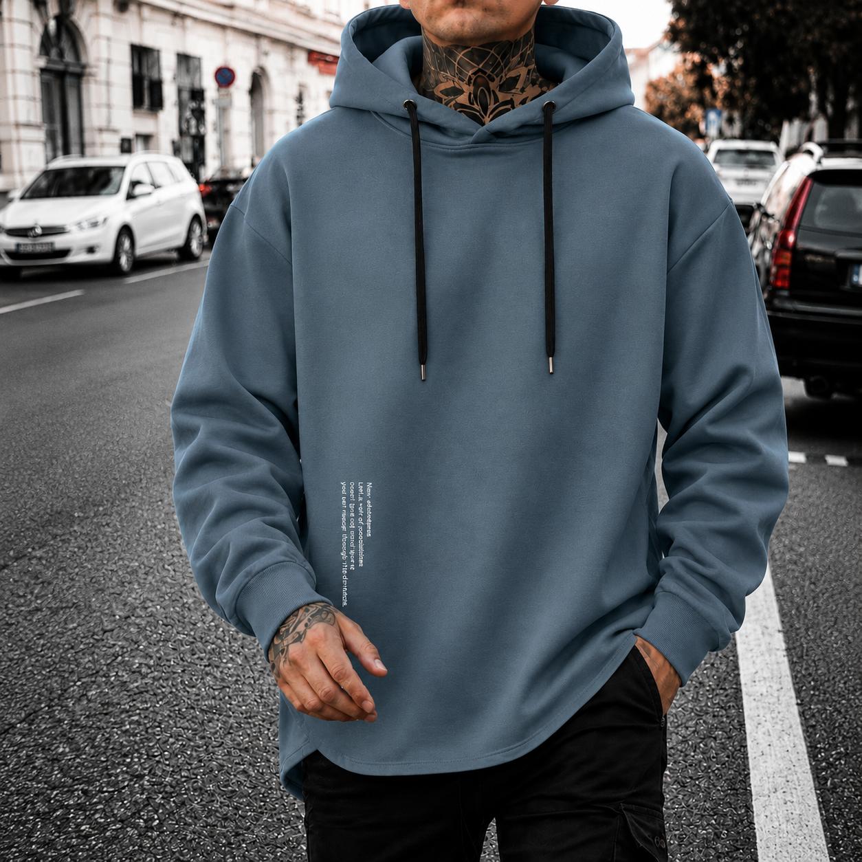 Men&rsquo;s casual minimalist hooded knit sweatshirt with letter print design; comfortable, skin-friendly fabric that is breathable&mdash;suitable for outdoor leisure, home life, daily commuting, and trendy everyday outfits.