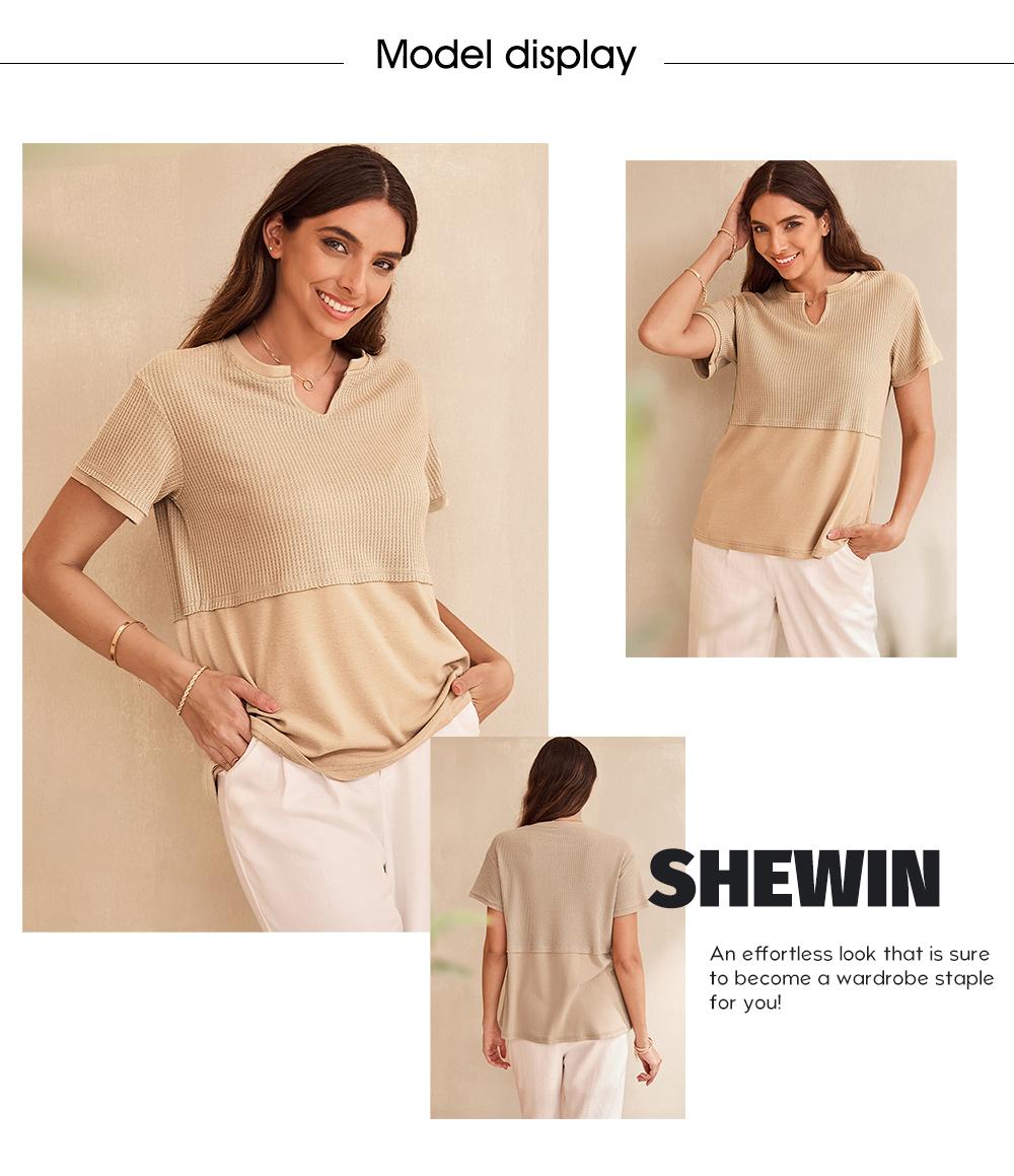 Shewin Women's Waffle Knit Tunic Top, Casual V-Neck Short Sleeve Loose Fit Shirt, Lightweight Basic Summer Clothes for Beach, Party,back to school,back to school shopping, Fits, Fabric