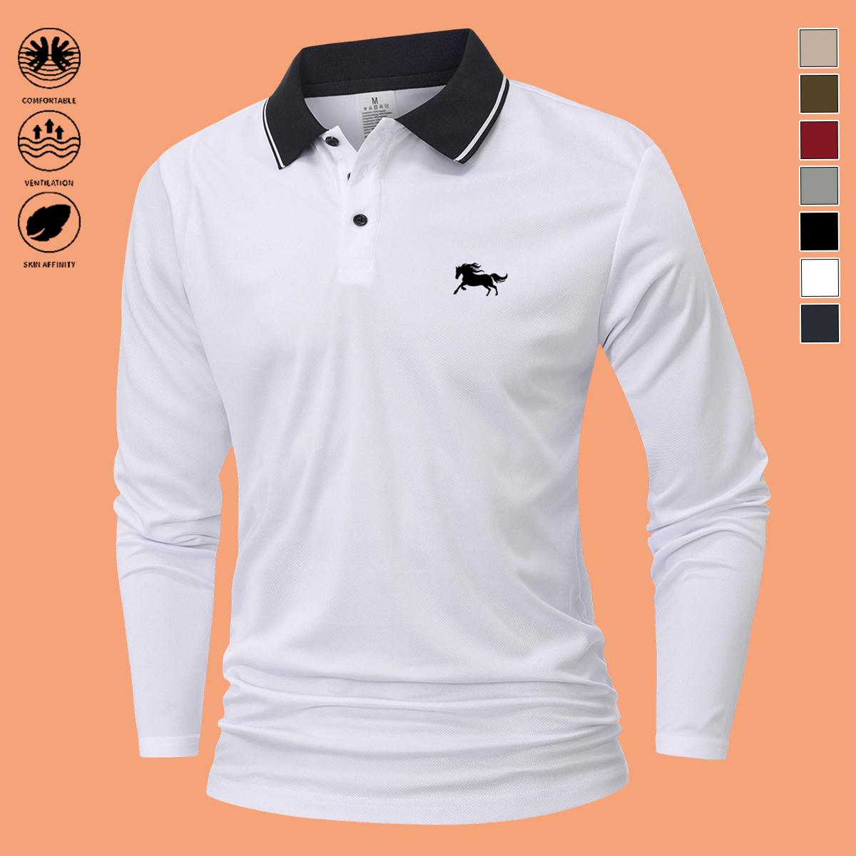 Men's 7-Pack Polyester Polo Shirts - Casual Long-Sleeve Clothes with Small Chest Horse Print, Contrasting Turn-Down Collar, for Spring/Autumn Golf & Outdoor Activities Men's 7-Pack Polyester Polo Shirts - Casual Long-Sleeve Clothes with Small Chest Horse Print, Contrasting Turn-Down Collar, for Spring/Autumn Golf & Outdoor Activities