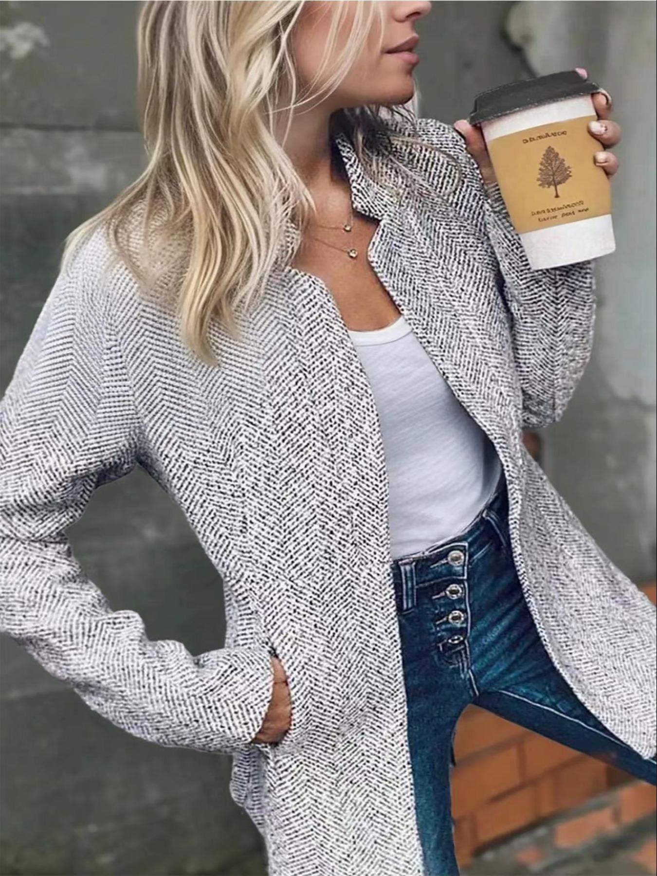 Women's Basic Solid Color Pocket Long Sleeve Open Front Fitted Coat Fabric, Casual Minimalist Office Style Longline Outerwear for Fall & Winter, Ladies Clothes for Daily Wear, Everyday, Womenswear Clothing for Women Women's Basic Solid Color Pocket Long Sleeve Open Front Fitted Coat Fabric, Casual Minimalist Office Style Longline Outerwear for Fall & Winter, Ladies Clothes for Daily Wear, Everyday, Womenswear Clothing for Women