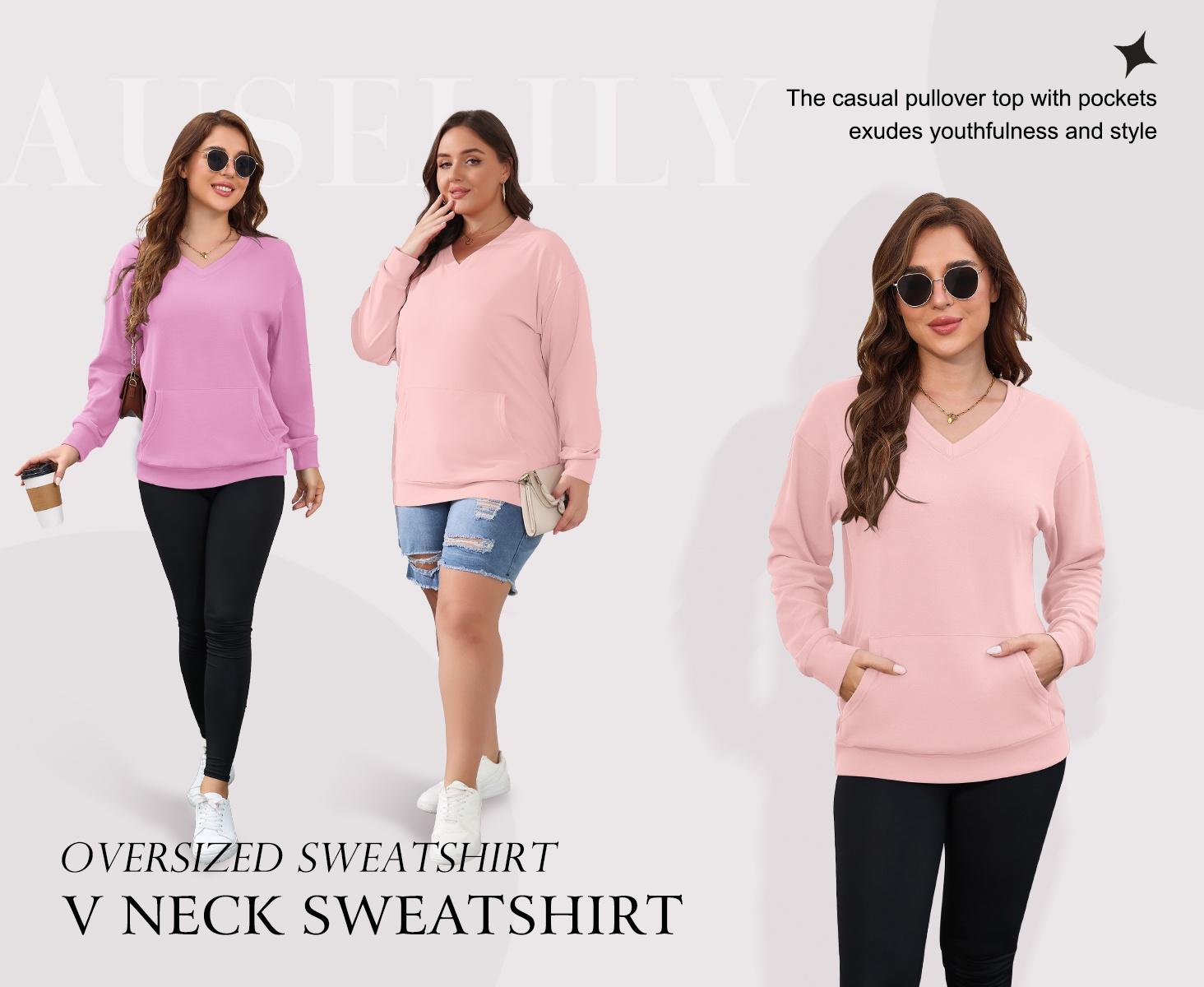 AUSELILY Women's Hoodless V-neck Sweatshirt With Kangaroo Pocket  Fleece Longsleeve Oversized Casual Style Shirt