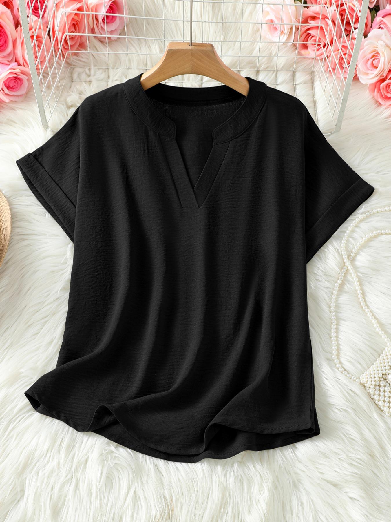 Elegant Minimalist Polyester V Neck Loose Fit Short Sleeve Blouse Shirt for Women, 100% Polyester, Regular Length, 145g/m², Casual Everyday Weekend Top Womenswear Elegant Minimalist Polyester V Neck Loose Fit Short Sleeve Blouse Shirt for Women, 100% Polyester, Regular Length, 145g/m², Casual Everyday Weekend Top Womenswear