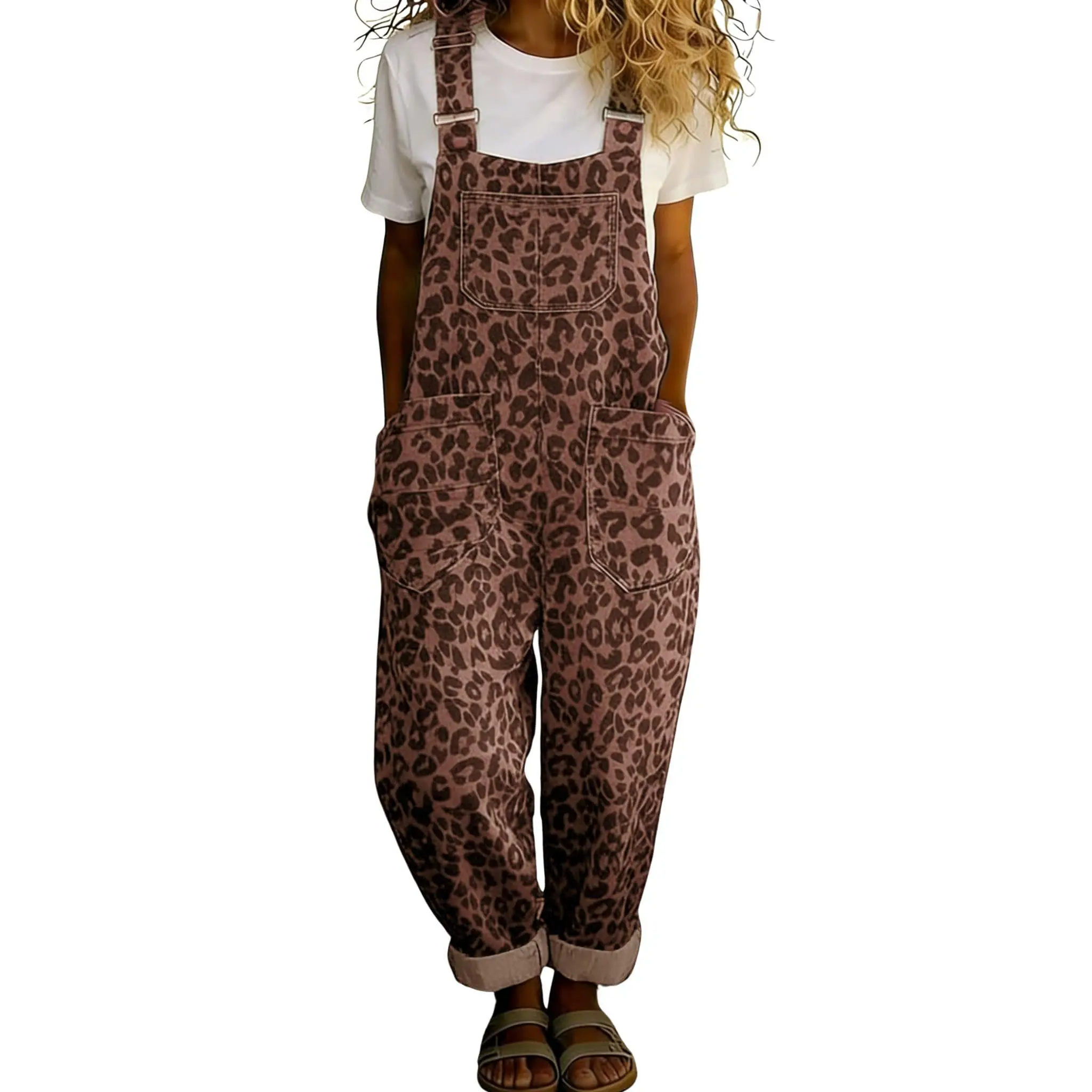 Vintage-style loose wide-leg denim overalls