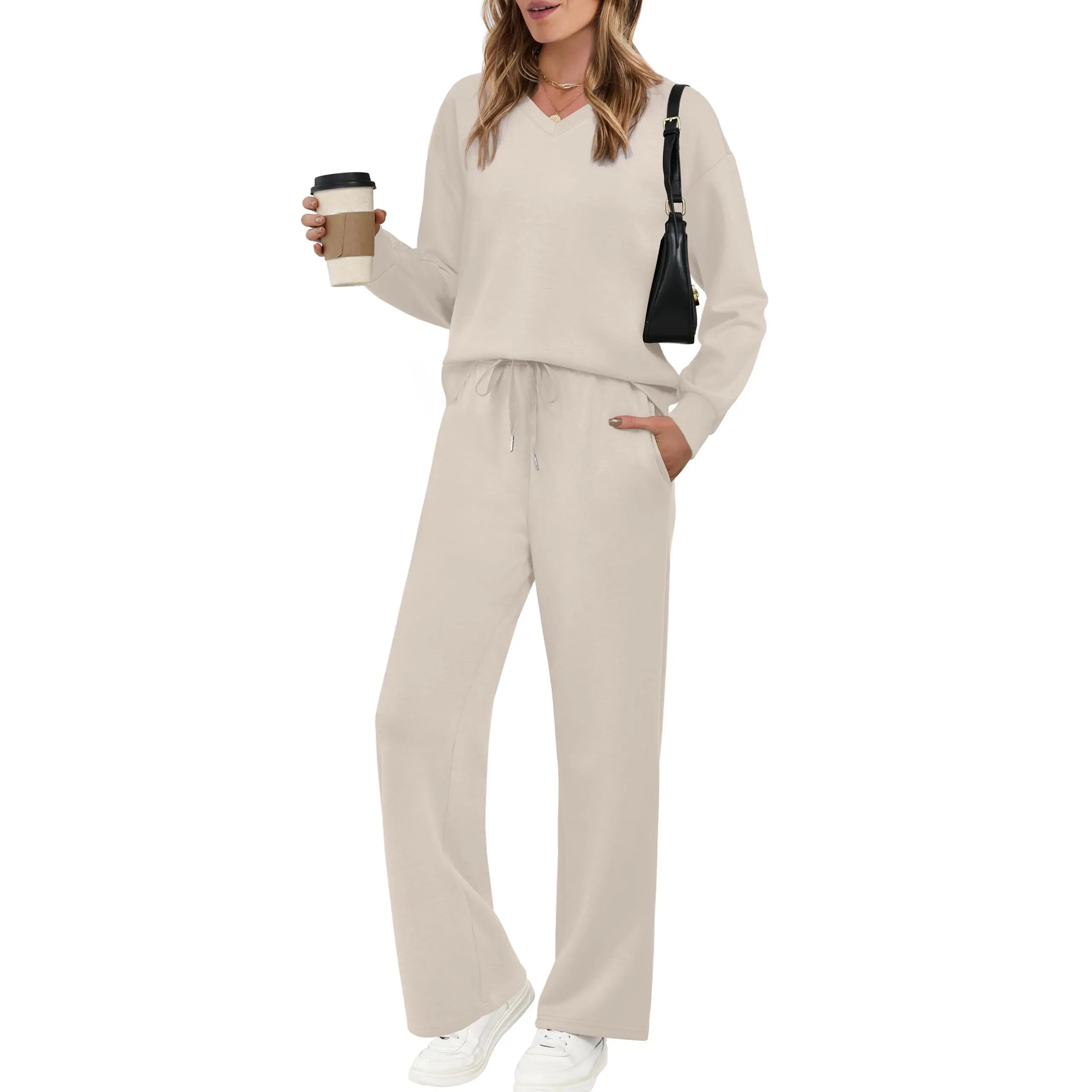 Women's Casual Two-Piece Set (V-Neck Top + Wide-Leg Pants)