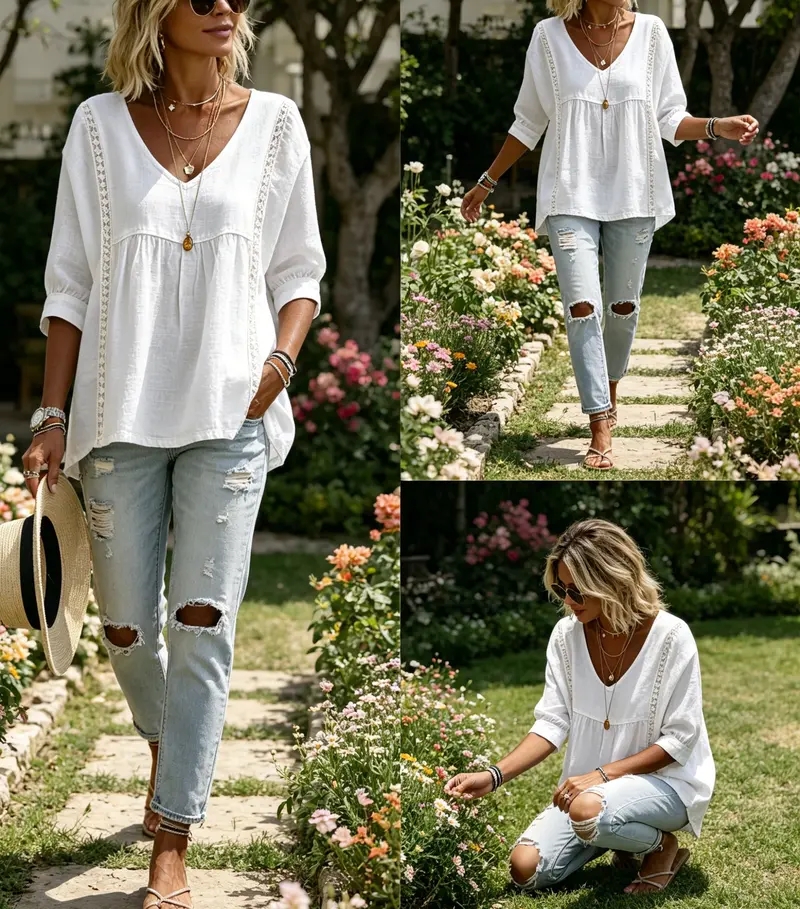 Stylish Loose-Fit V-Neck Lace Women's Top