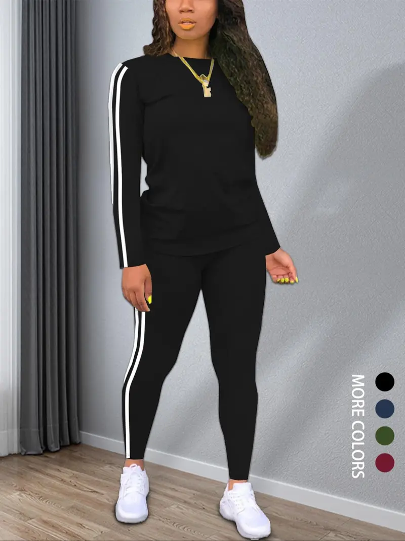 Women's Striped Print Slim-Fit Long-Sleeve Knit Top and Pants Two-Piece Set