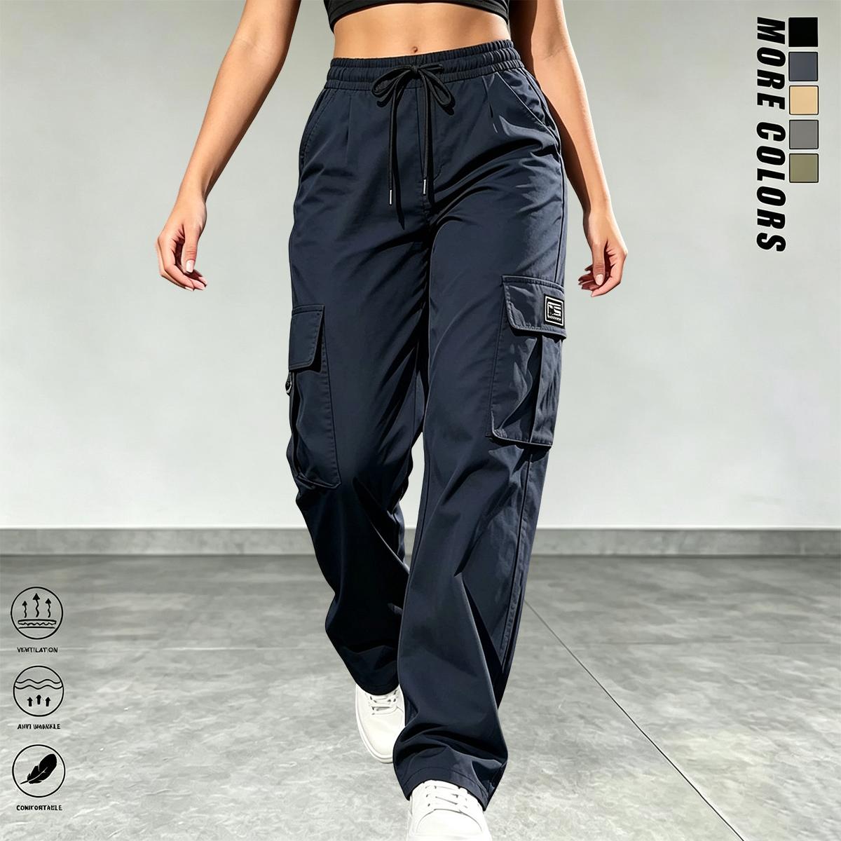 Women&rsquo;s cargo pants: casual, elastic waist, Bohemian minimalist basic women&rsquo;s trousers with pockets; suitable for summer outfits, vacations, and beachwear; sporty casual style; comfortable loose fit; casual drawstring high-waist pants; loose and comfortab