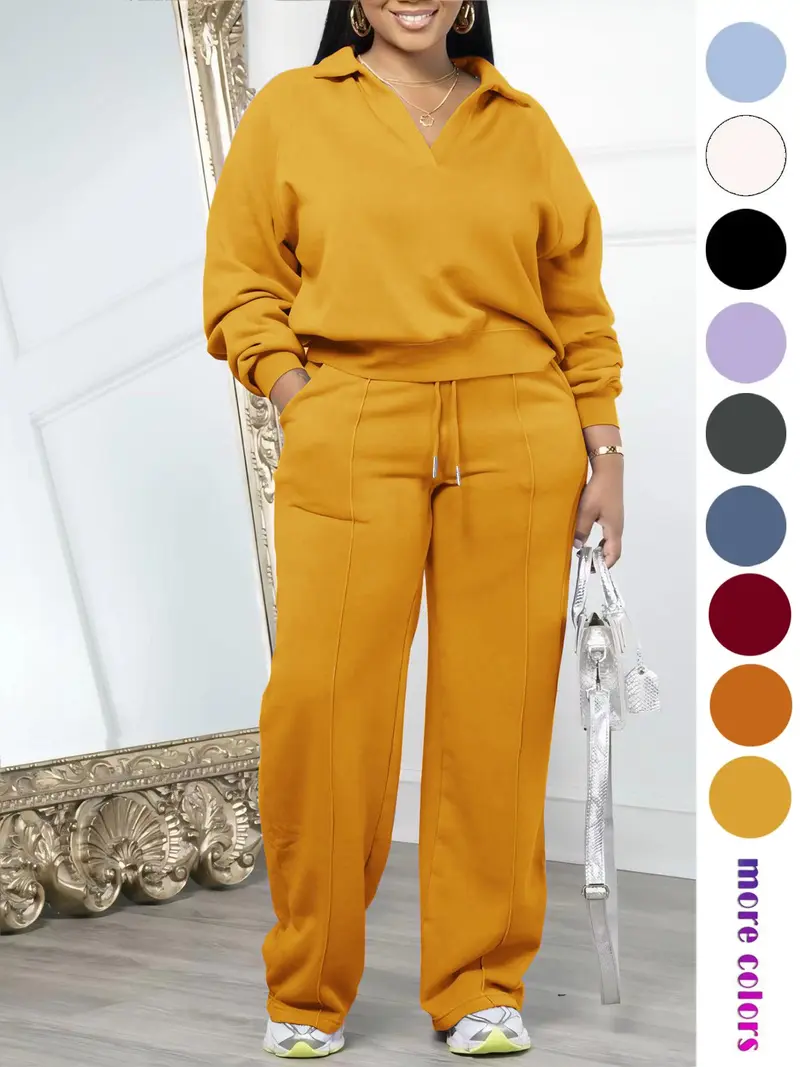 Women's Solid-Color Long-Sleeve Sweatshirt and Drawstring Elastic-Waist Pants Set