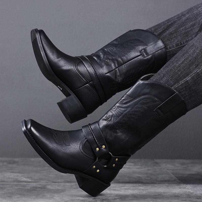 Men's Cowboy Style Footwear, Embossed PU Western Ankle Booties with Strap and Buckle, Low Heel Casual Walking Shoes, Ankle Strap