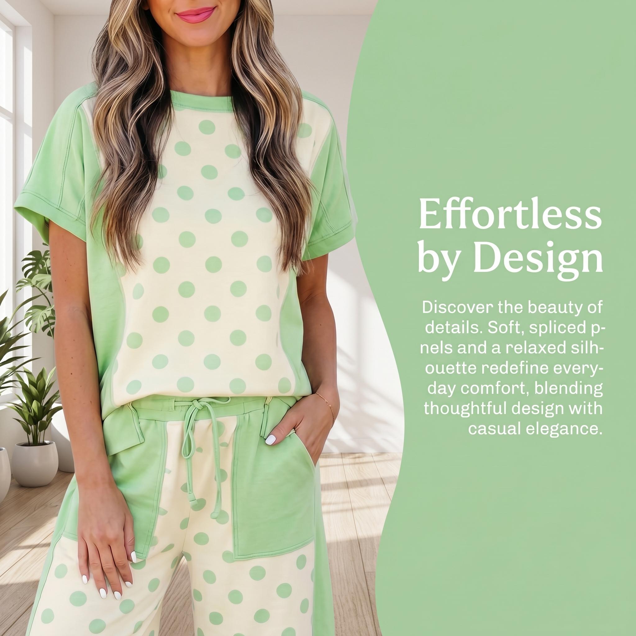 Women's Lounge Set | Cute 2-Piece Trendy Clothing Sets with a Color Block Polka Dot Crew Neck Tshirt and Wide Leg Drawstring Pants, 2 Piece Sets Women's Lounge Set | Cute 2-Piece Trendy Clothing Sets with a Color Block Polka Dot Crew Neck Tshirt and Wide Leg Drawstring Pants, 2 Piece Sets