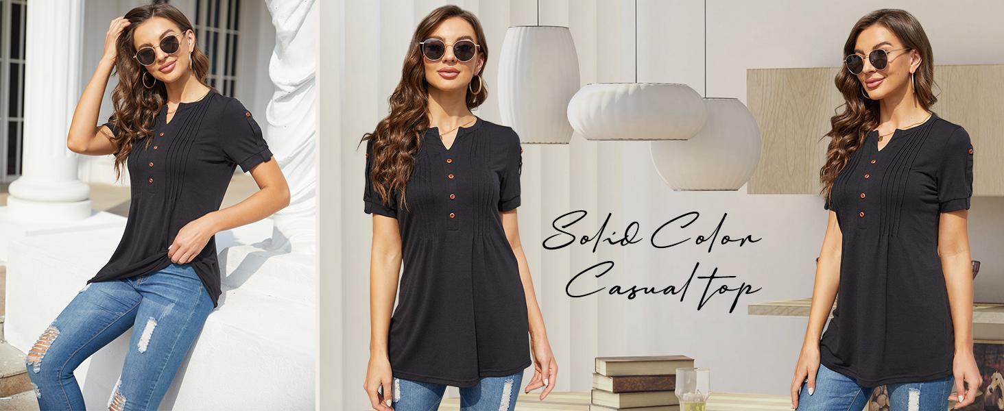 Imily Bela Women&rsquo;s V Neck T Shirt &ndash; Casual Pleated Button Top, Loose Fit Short Sleeve Summer Tee, Trendy Everyday Blouse for Daily Wear