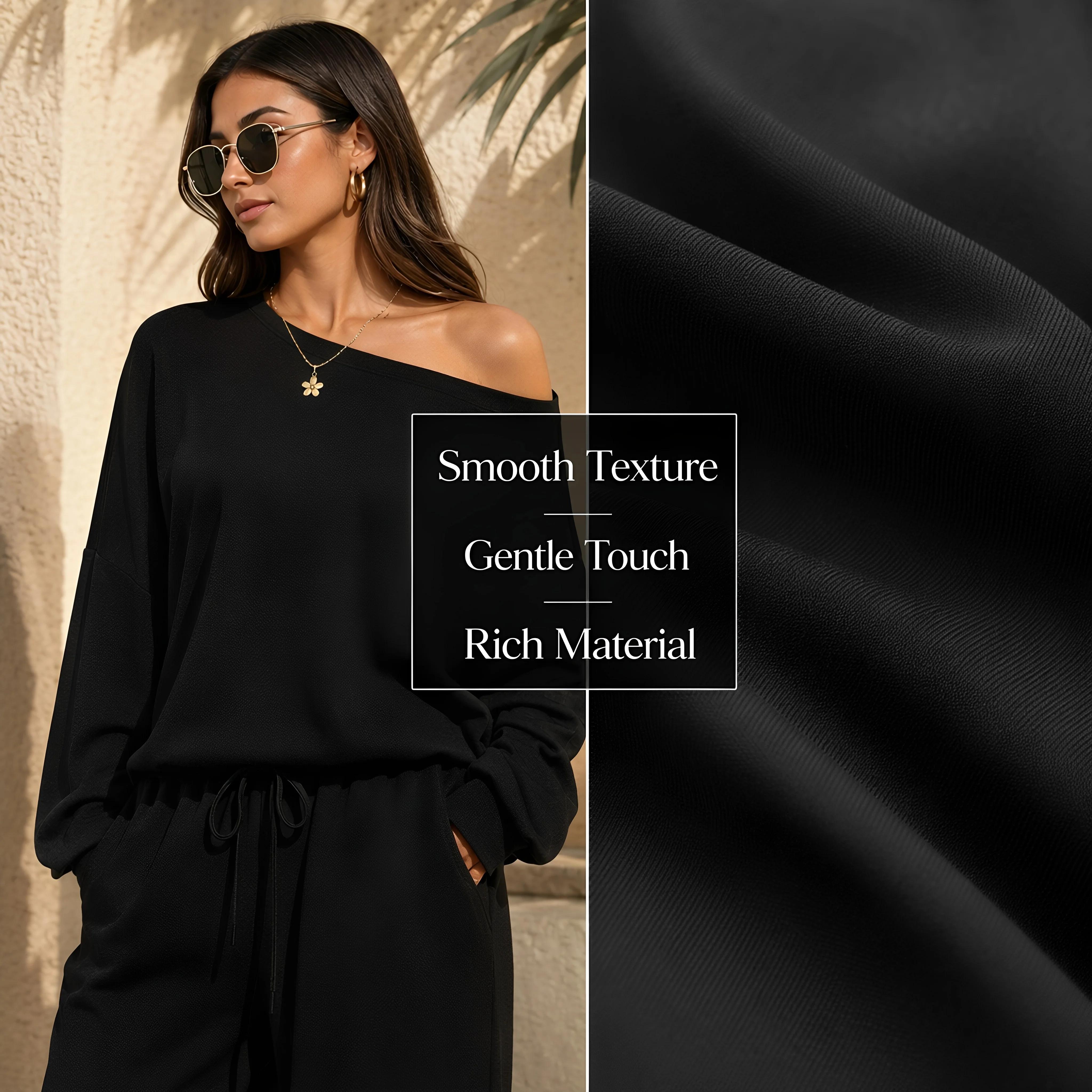 Women's 2026 Autumn Basic Loose Fit Leisure Solid Color Sloping Shoulder Long-Sleeve Full-Sleeve Scoop Neck Co-ord Set & Separates, Regular Wide Leg Trousers Casual Outfits, Longsleeves