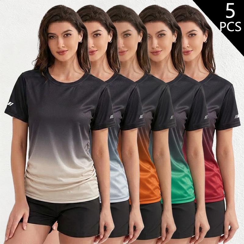 Pack of 5 women&rsquo;s casual athletic short-sleeve T-shirts featuring a gradient design; quick-drying and breathable for cool summer wear and sweat management during workouts; suitable for everyday exercise, running, cycling, and home activities.
