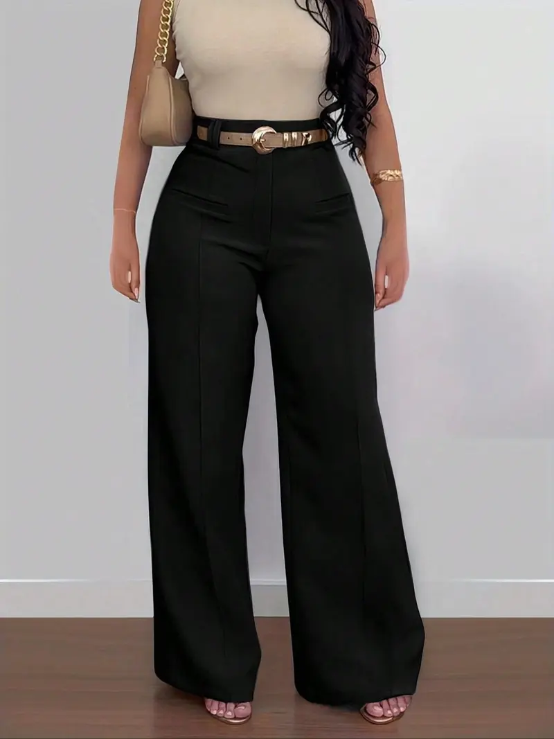 Women's Solid-Color Wide-Leg Stretch Knit Pants with Pockets