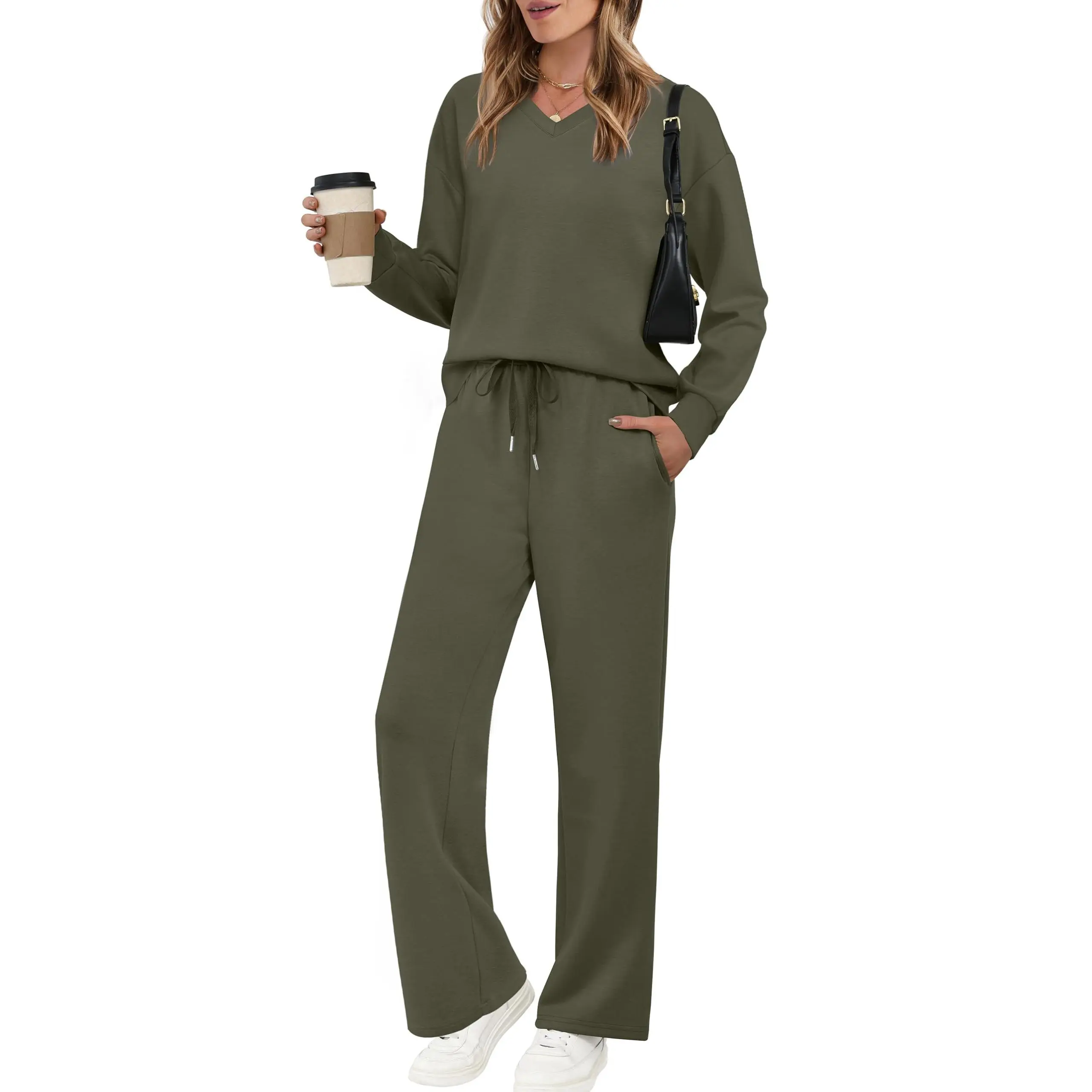 Women's Casual Two-Piece Set (V-Neck Top + Wide-Leg Pants)