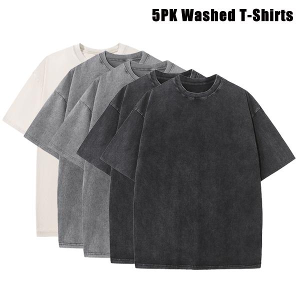 5PCS Men&rsquo;s Extra Large Fitness Retro Heavyweight T-Shirts, Pure Cotton Sports Acid Wash Loose Fit, Summer Sweat Absorption, Multiple Colors