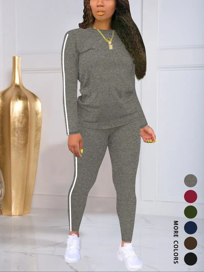 Women's Striped Print Slim-Fit Long-Sleeve Knit Top and Pants Two-Piece Set