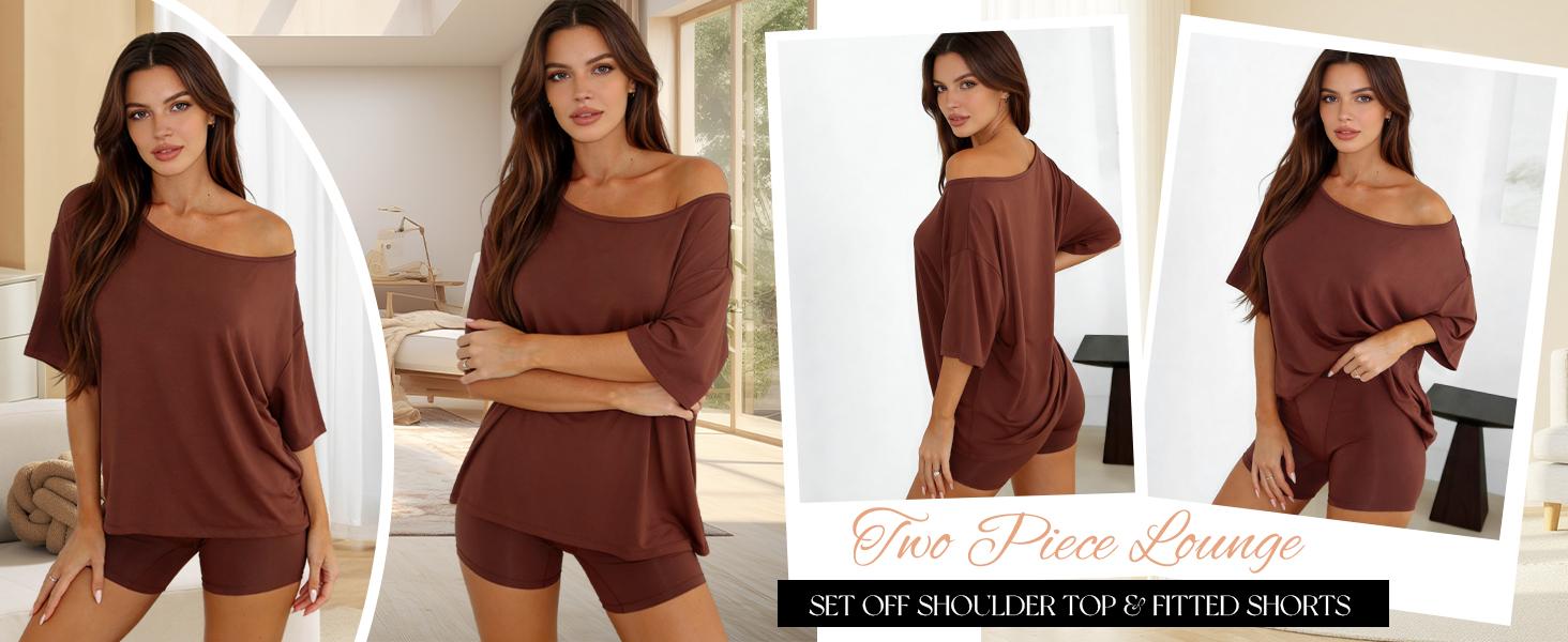 Tanming Women's 2-Piece Casual Loungewear Set - Plus Size Elegant Chic XL Women's Off-Shoulder Oversize Top & Fitted Shorts, Soft Stretchy Spring Apparel for Lounging, Coffee Runs, Work, Curvy Athletic Travel Outfits