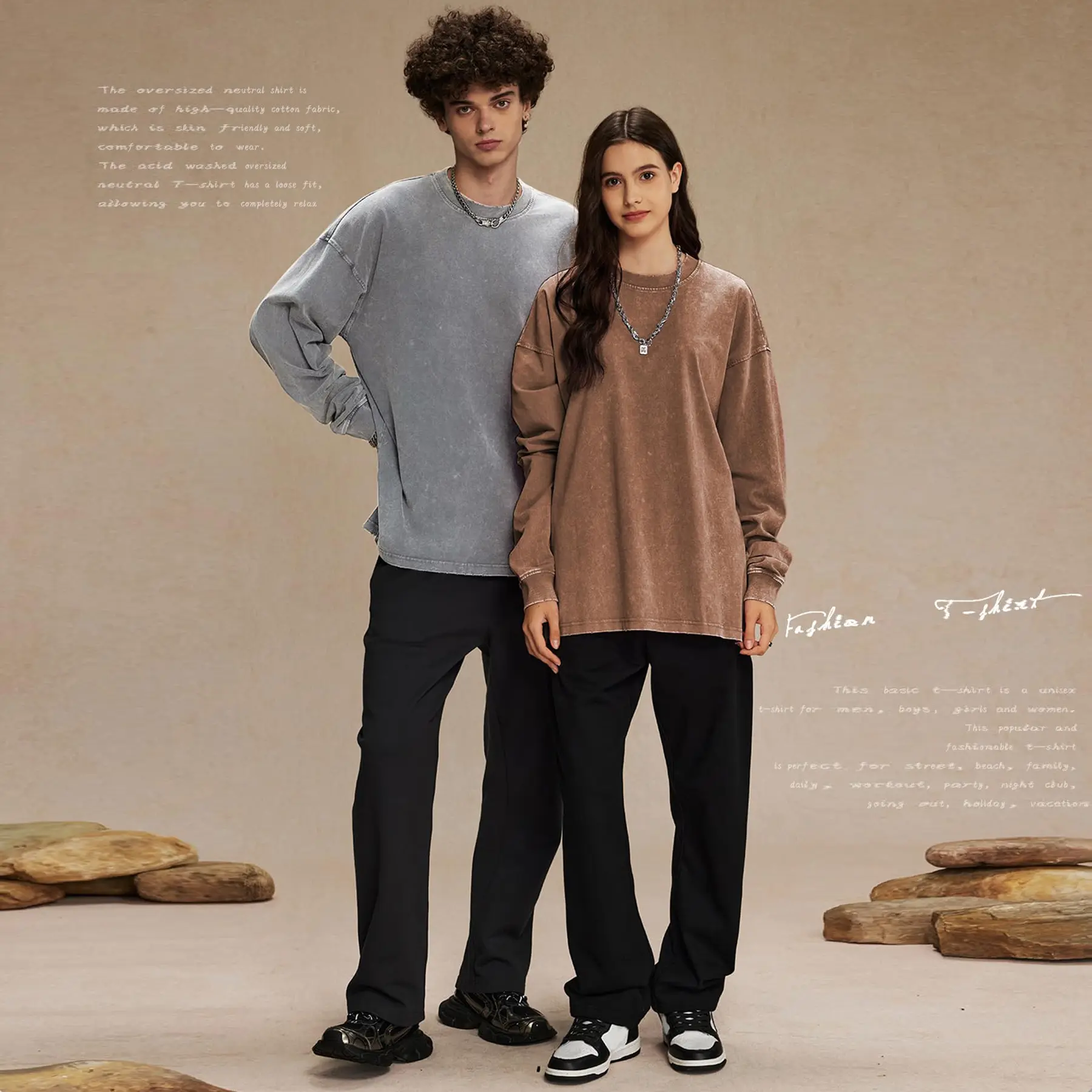 Unisex Long-Sleeve Acid-Wash Cotton T-Shirt