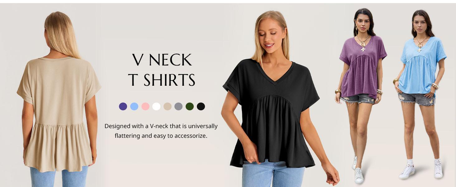 Cicy Bell Womens Summer Peplum Tops Oversized Babydoll Short Sleeve V Neck T Shirts Casual Loose Pleated Swing Blouse