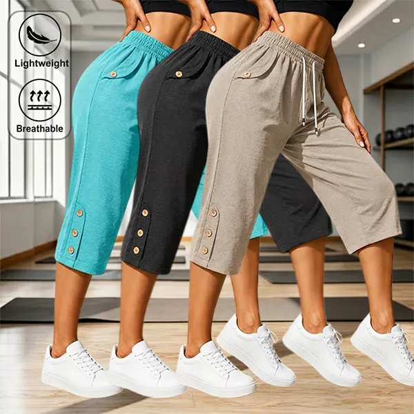 Available in 3-, 2-, or 1-pack options; versatile for spring/summer; button detailing; comfortable elastic waistband; pockets; casual seven-eighths-length pants suitable for work, commuting, and outdoor activities (pre-order). Available in 3-, 2-, or 1-pack options; versatile for spring/summer; button detailing; comfortable elastic waistband; pockets; casual seven-eighths-length pants suitable for work, commuting, and outdoor activities (pre-order).