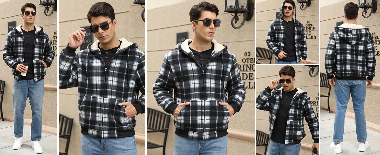 ZITY Men's Fitted Polyester Thick Plaid Fleece-Lined Hooded Jacket - Zip Up Coat, No Bulky Clothes, Full-Zip Coral Casual Menswear for Chilly Days