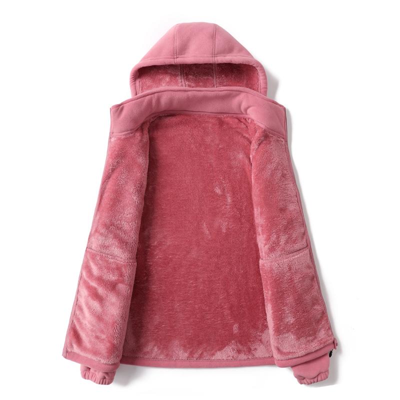 Women&rsquo;s autumn/winter fleece jacket/cardigan with thick lining for warmth, hooded, casual and stylish, suitable for outdoor sports, detachable hood
