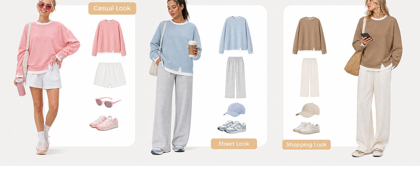 Fisoew Women's Fake Two Piece Layered Sweatshirt Air Layer Fabric Hoodie Crew Neck White Ribbed Cuff & Hem Patchwork Drop Shoulder Oversized Long Sleeve Pullover Top Hoodie Fit Casual,back to school,back to school shopping