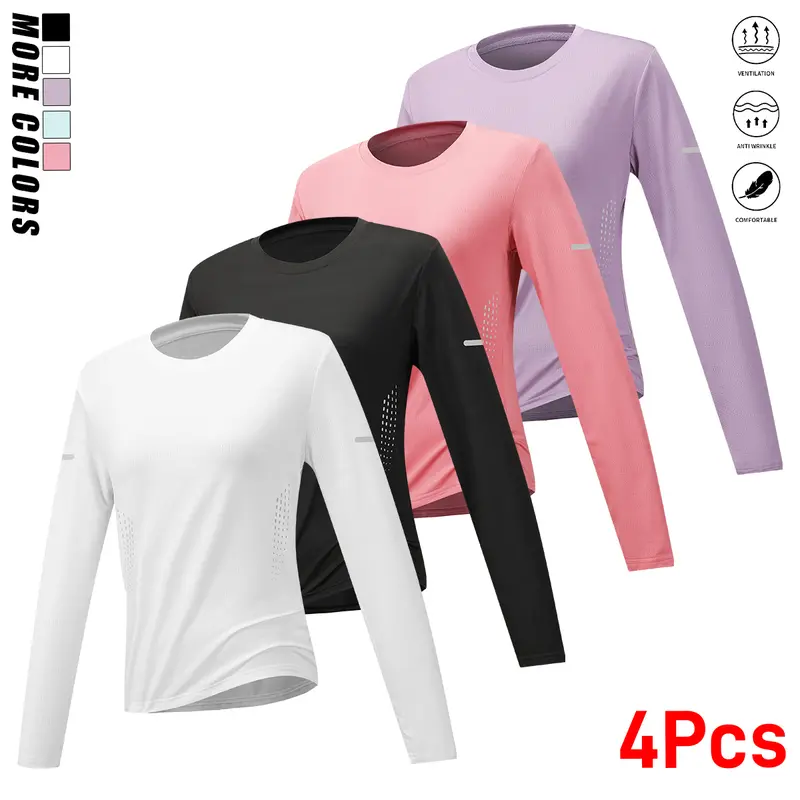 Women's Solid-Color Long-Sleeve Polyester Athletic Crew-Neck Shirt