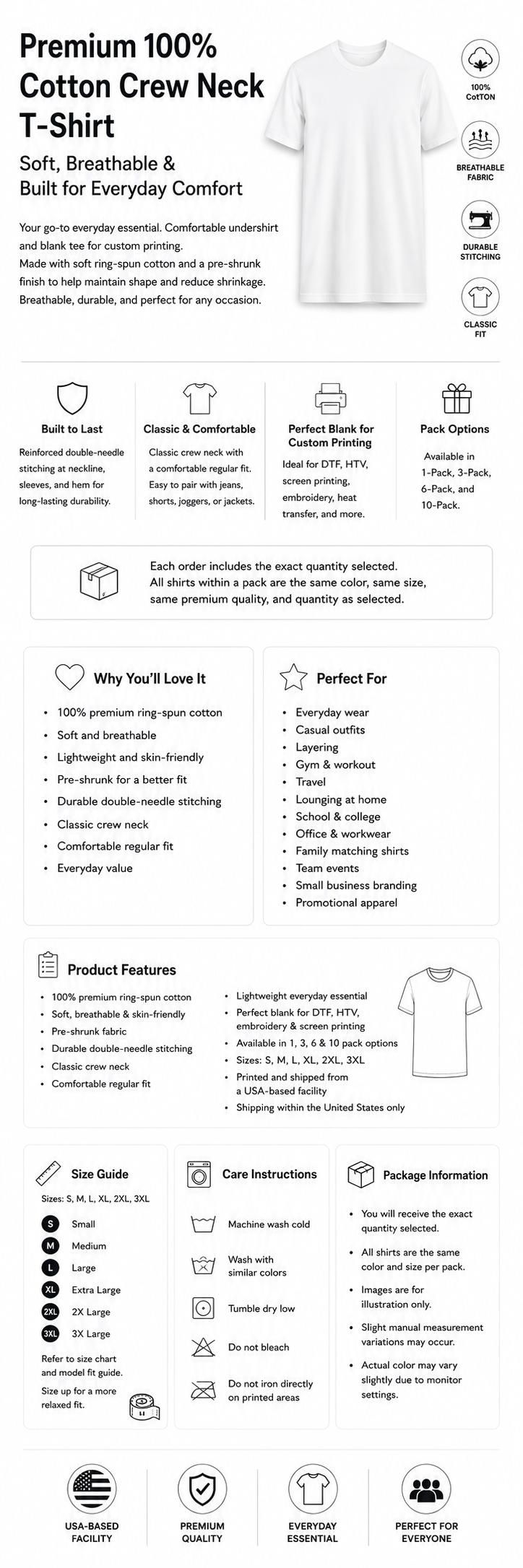 Men's 10-Pack 100% Cotton Crew Neck Short Sleeve Tshirts - Unisex Pure White Blank Top, Personalized Custom Printing Garment, Comfortable Apparel for Daily Wear & Gym,back to school,back to school shopping Menswear Streetwear