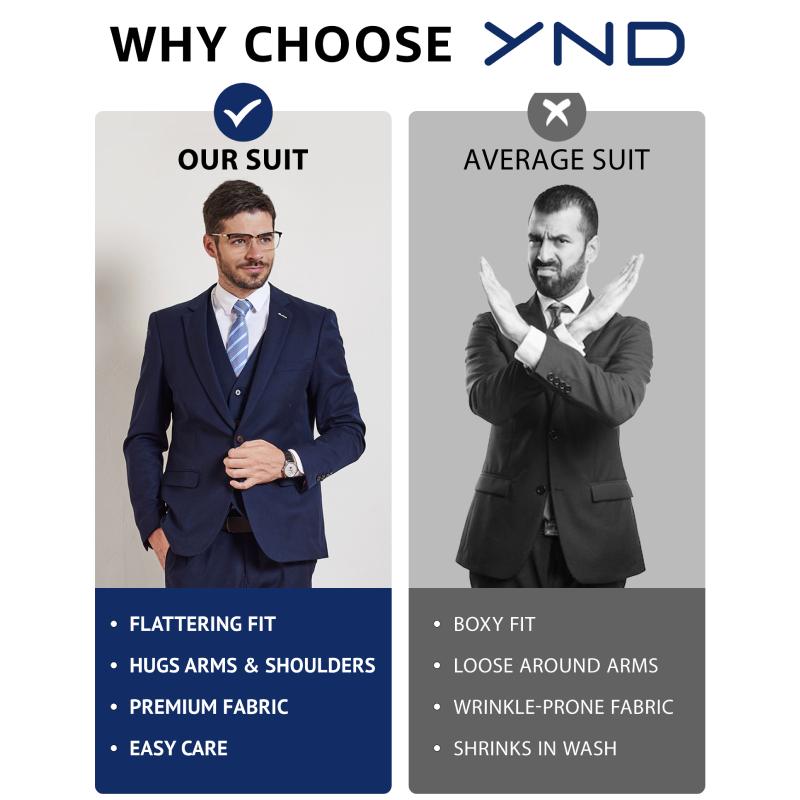 YND Men's 3-Piece Long Sleeve Formal Suit Set - Menswear Formal Wear Fashion Apparel Outfits with Vest, Pants, Tie for Wedding, Business Groom Tuxedo (Beige, Black)