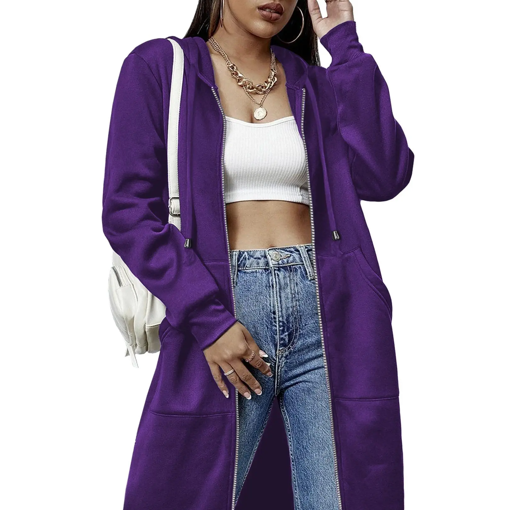 Women's Casual Long-Length Zip-Up Fleece Hoodie/Jacket