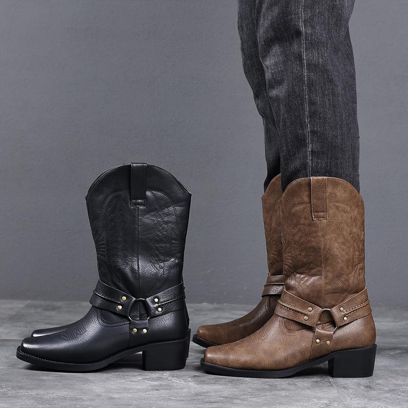 Men's Cowboy Style Footwear, Embossed PU Western Ankle Booties with Strap and Buckle, Low Heel Casual Walking Shoes, Ankle Strap