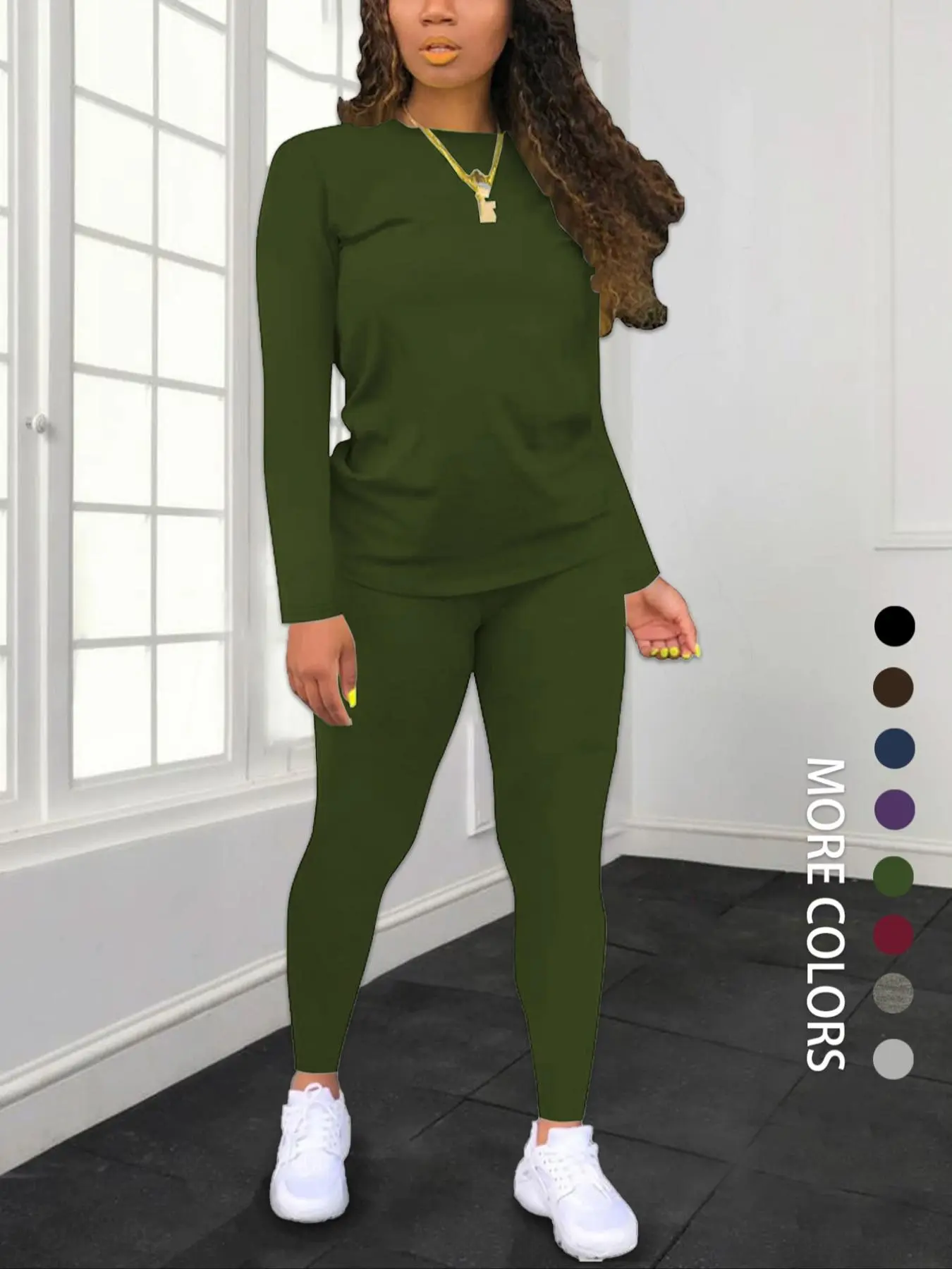 Women's Solid Basic Fitted Long Sleeve Tee & Elastic Waist Pants Set, Casual Round Neck Top & Trousers for Spring & Fall, Women's Clothing for Daily Wear, Womenswear Women's Solid Basic Fitted Long Sleeve Tee & Elastic Waist Pants Set, Casual Round Neck Top & Trousers for Spring & Fall, Women's Clothing for Daily Wear, Womenswear