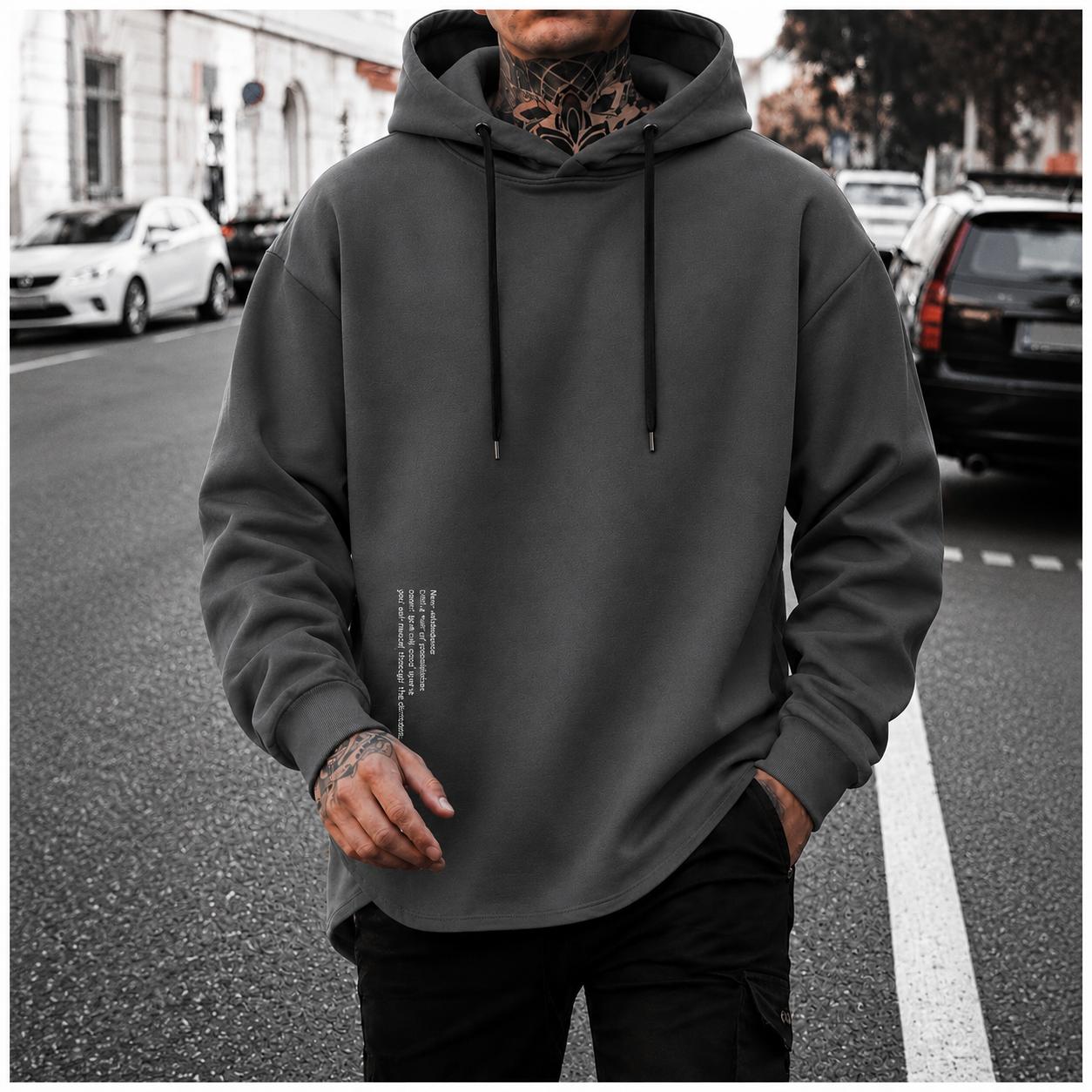 Men&rsquo;s casual minimalist hooded knit sweatshirt with letter print design; comfortable, skin-friendly fabric that is breathable&mdash;suitable for outdoor leisure, home life, daily commuting, and trendy everyday outfits.