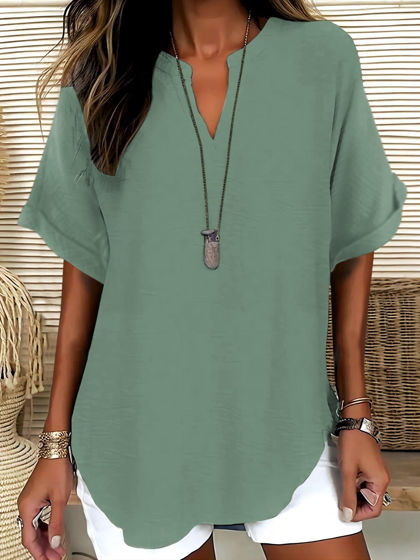 Elegant Minimalist Polyester V Neck Loose Fit Short Sleeve Blouse Shirt for Women, 100% Polyester, Regular Length, 145g/m², Casual Everyday Weekend Top Womenswear Elegant Minimalist Polyester V Neck Loose Fit Short Sleeve Blouse Shirt for Women, 100% Polyester, Regular Length, 145g/m², Casual Everyday Weekend Top Womenswear