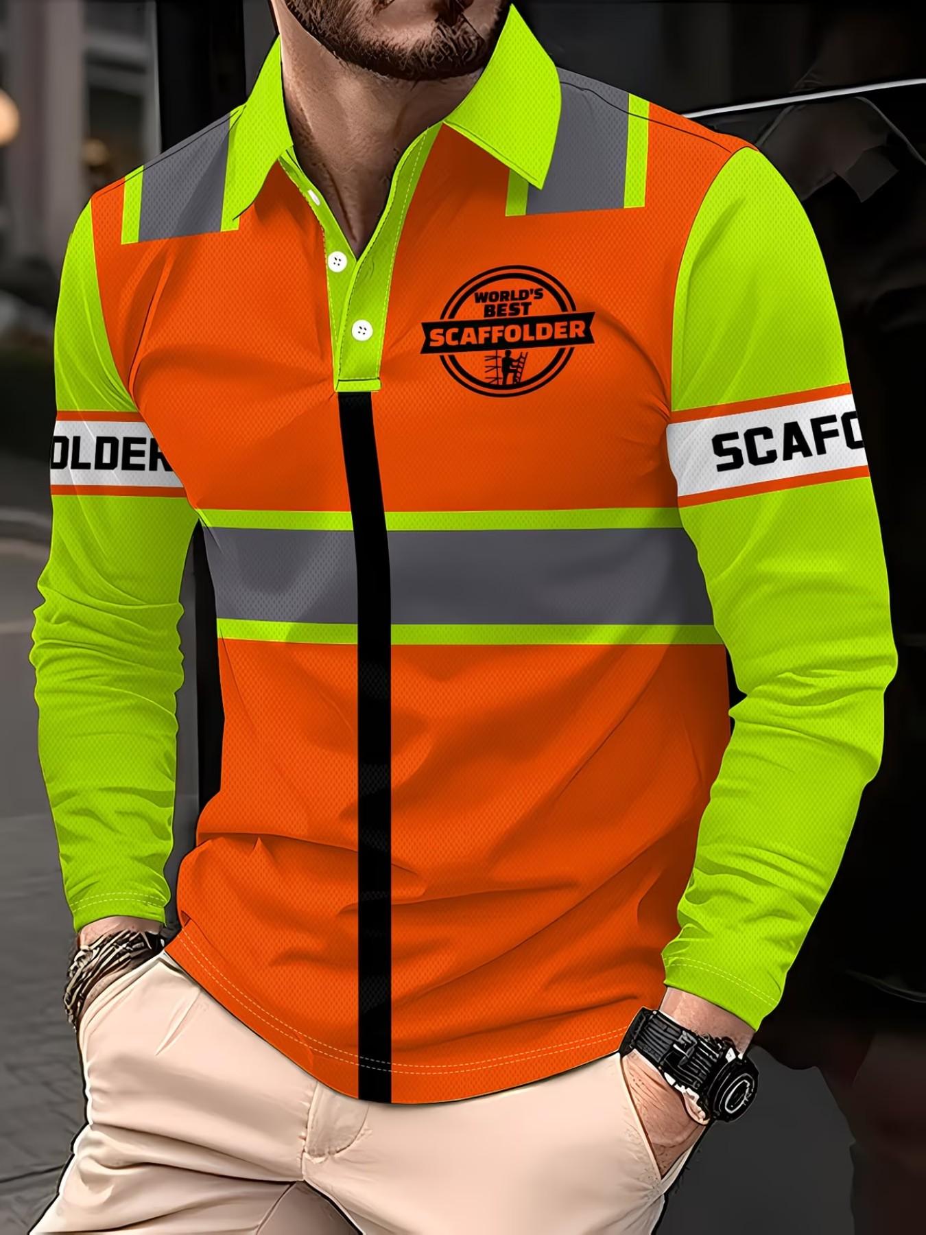 Men's Long‑Sleeve Safety‑Style Polo Shirt with Fluorescent Stripes, Casual Graphic, Loose‑Fitting, Spring & Fall Wear Men's Long‑Sleeve Safety‑Style Polo Shirt with Fluorescent Stripes, Casual Graphic, Loose‑Fitting, Spring & Fall Wear