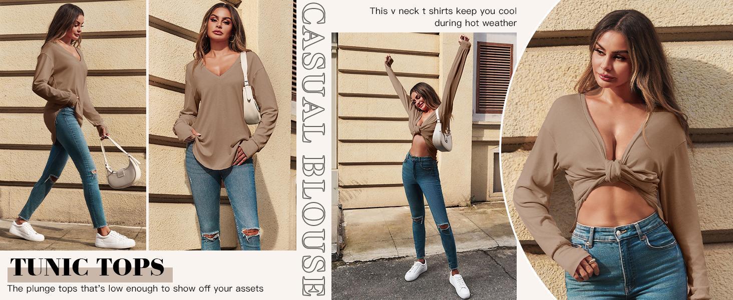 Imily Bela Womens Deep V Neck Tunic Tops Long Sleeve Oversized Casual Loose Fit Curved Hem T Shirts Imily Bela Womens Deep V Neck Tunic Tops Long Sleeve Oversized Casual Loose Fit Curved Hem T Shirts