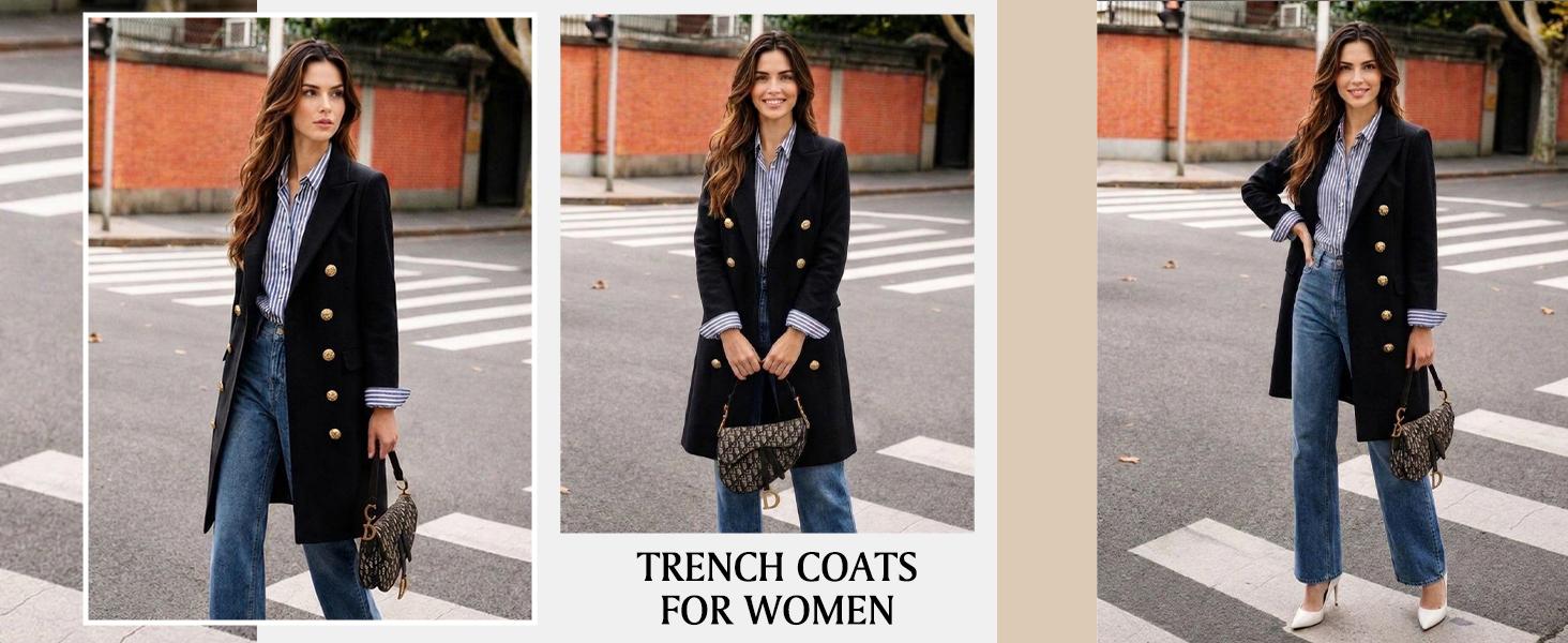 Yeokou Women's Fitted Slim-Fit Long-Sleeve Double-Breasted Wool-Blend Midi Peacoat for Fall Winter